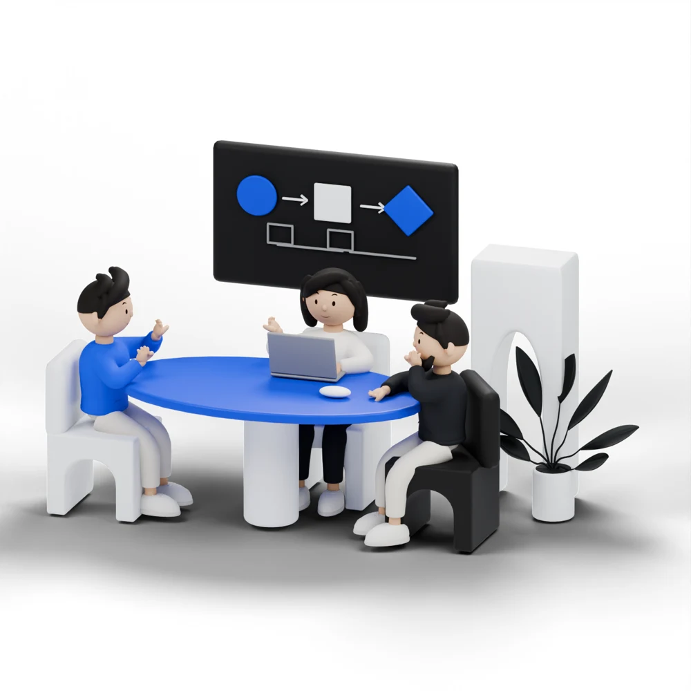 Tres personas reunidas alrededor de una mesa azul, con un diagrama de procesos