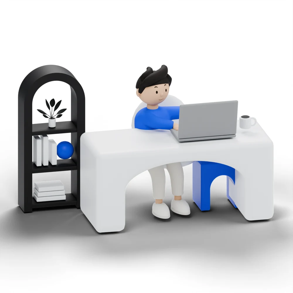 El mismo personaje trabajando en su computadora en un escritorio blanco
